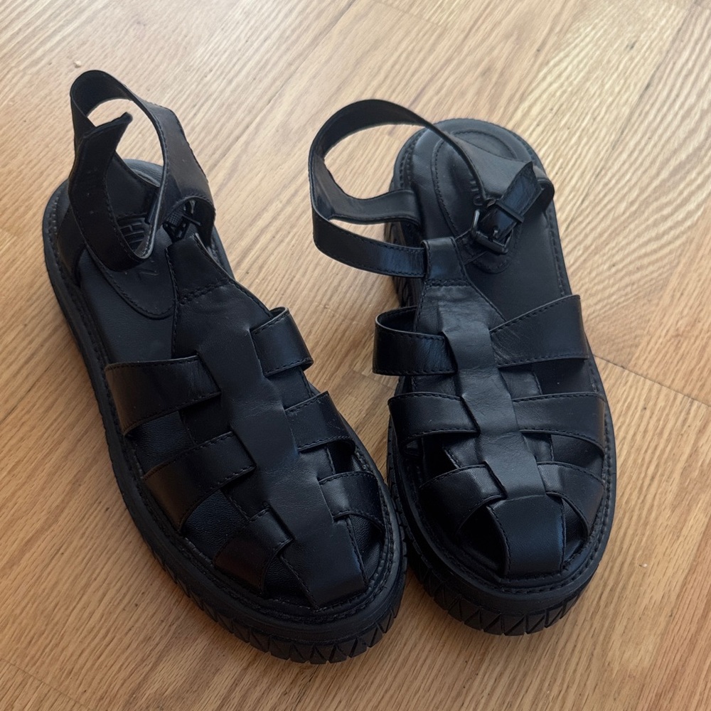 SCHUTZ Black Woven Leather Fisherman Sandals
